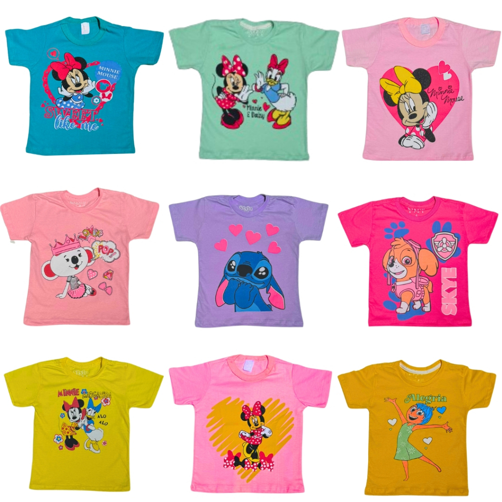 Kit 5 Camisetas Infantis Femininas  Confortáveis, Estampas Sortidas e Secagem Rápida (Tamanhos 2 a 8