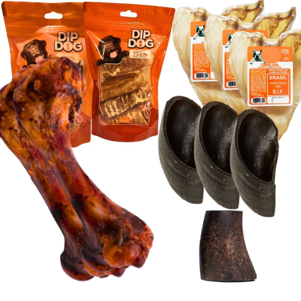 Mordedor Natural para Cães Osso Fêmur Suíno Casco Bovino Traqueia Bovina Orelha Esôfago Sortido