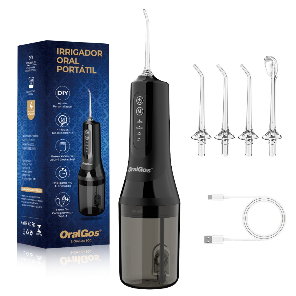 OralGos Irrigador Oral Portátil 260ML, 4 Modos de Pressão, 4 Bicos, IPX7 à Prova dÁgua