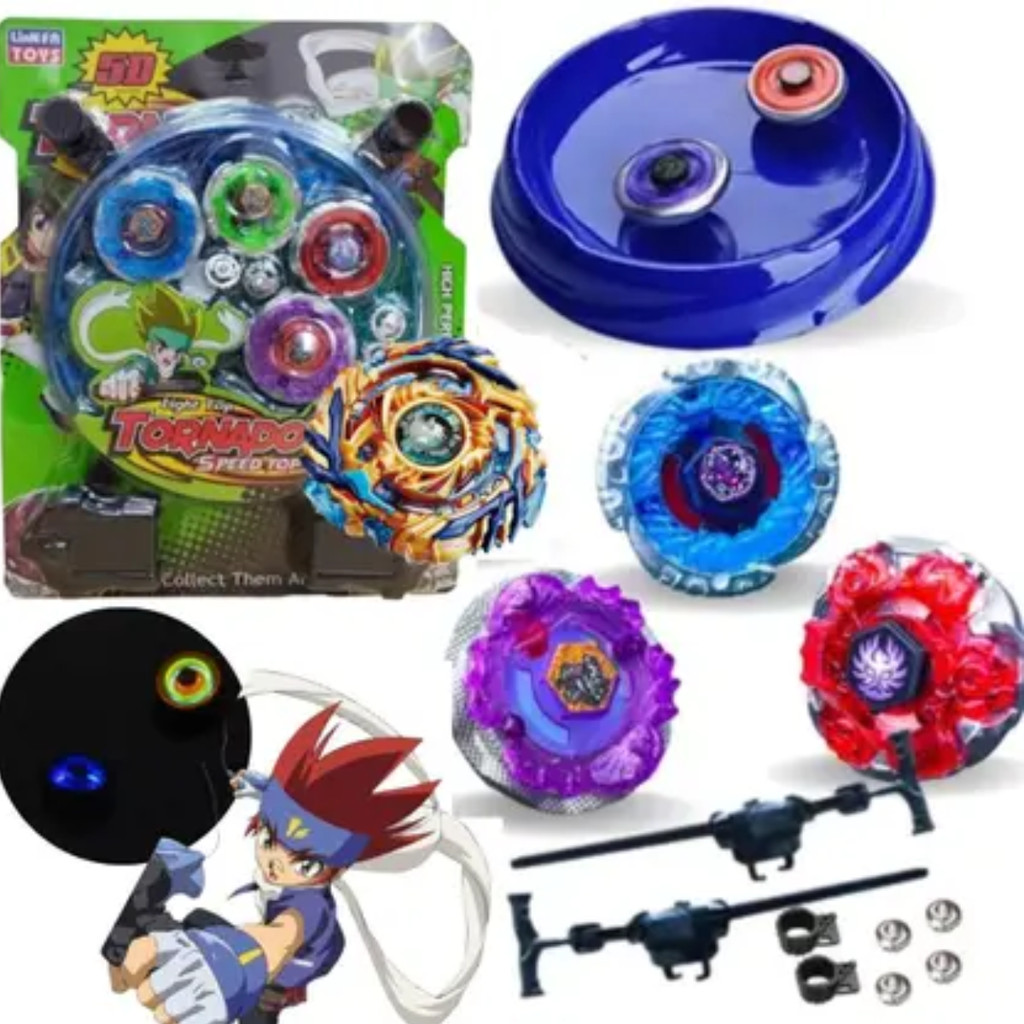 Kit 4 Beyblade Metal 5D LED + 2 Lançadores + Arena