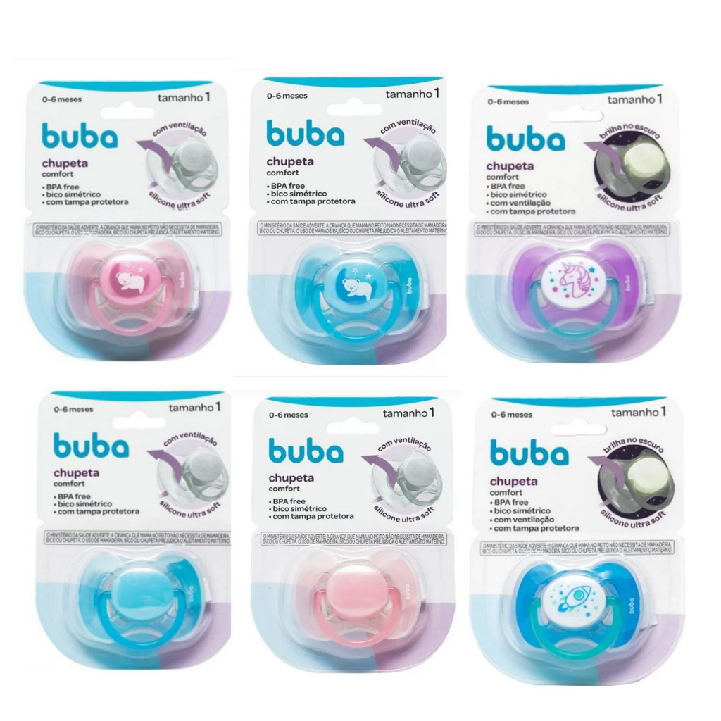Chupeta Buba Com Tampa Protetora Bico de Silicone Simétrico Comfort Ultra Soft Ventilação Tamanho 1
