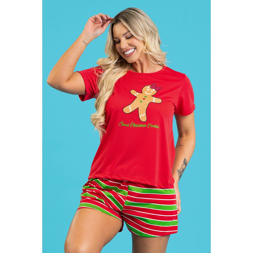 Pijama Feminino Doce de Natal Manga Curta Shorts Verão Confortável