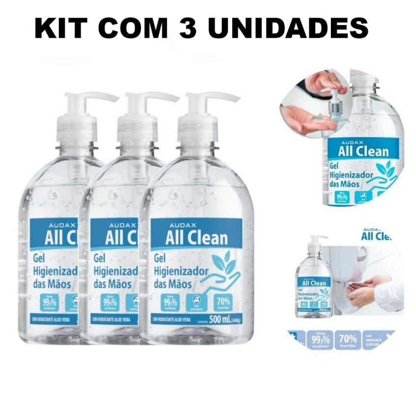 Kit com 3 unidades Álcool em Gel 500ml All Clean Audax