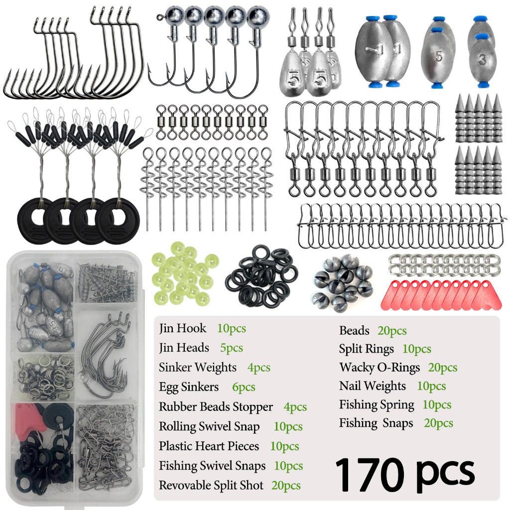 170pcs Fishing Accessories Kit with Fishing Box Fish Hooks Swivels Sinkers Outdoor Fishing Accessori