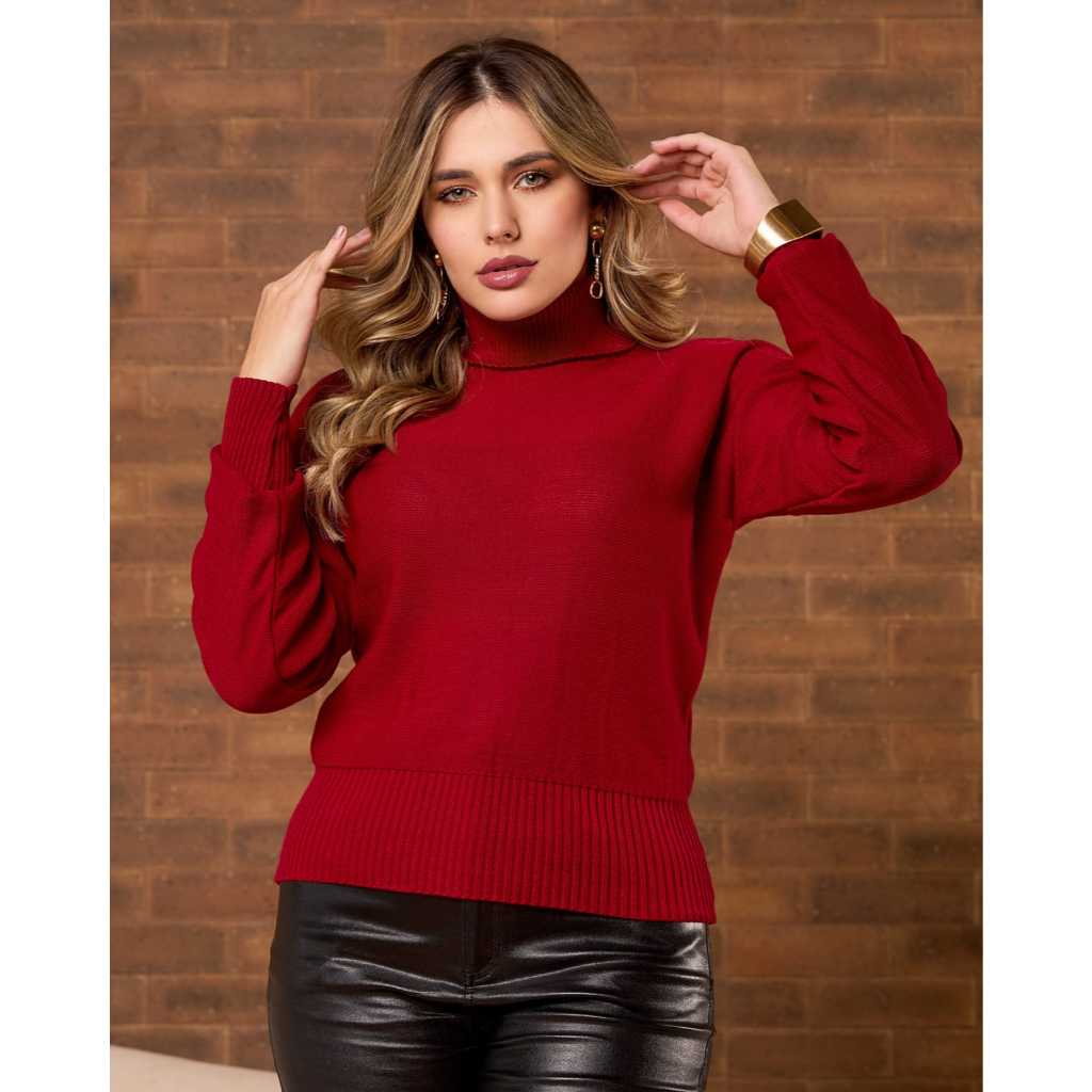 Blusa Gola Alta Feminino Cacharrel Elegante Manga Longa Tricot Suéter Fio Premium Moda Inverno