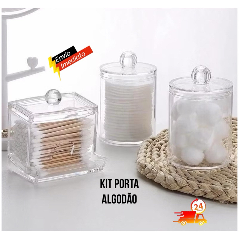 Porta Algodão e Cotonete com tampa. Organizador Acrílico Multiuso Pequeno e Grande
