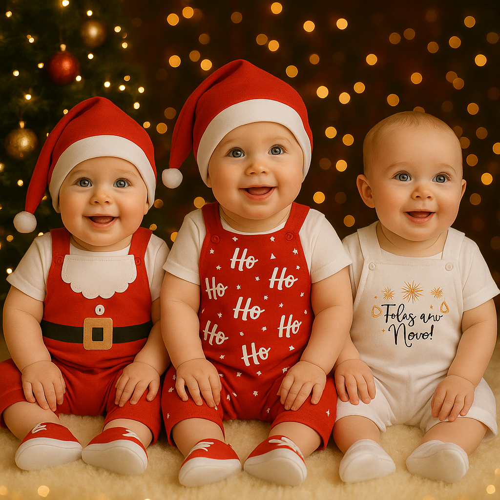 Roupas natal bebe jardineira papai noel e ano novo kit 3 peças