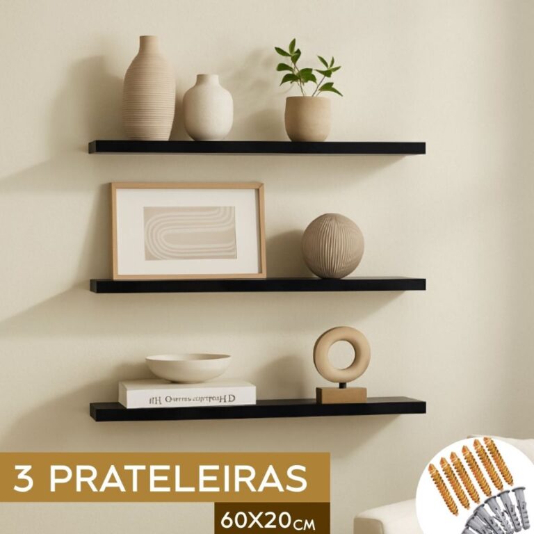 Kit 3 Prateleiras 60×20 100% MDF  Preto, Bran