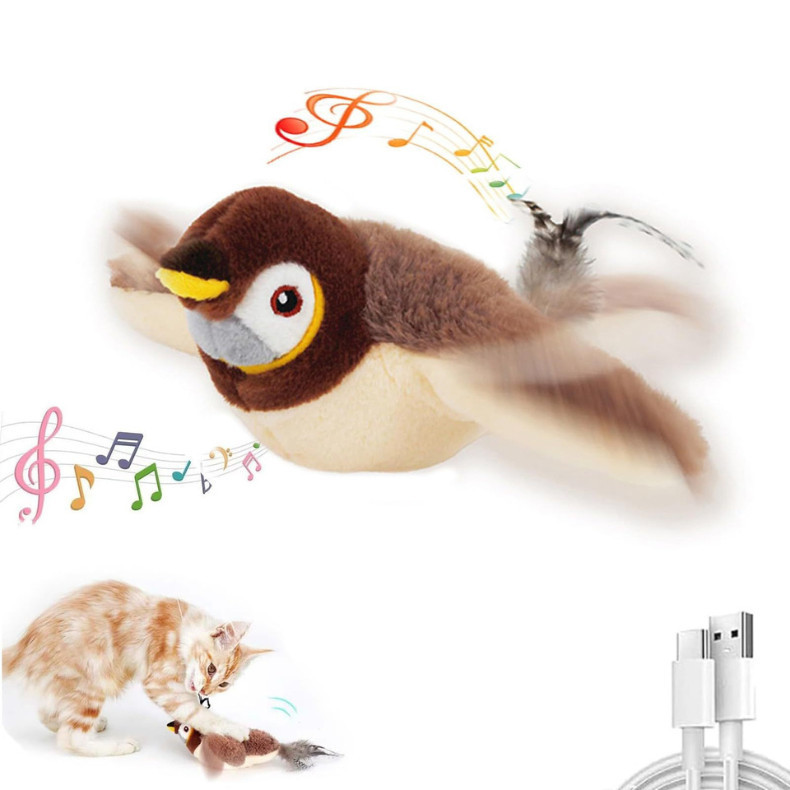 Pássaro Pardal Brinquedo Interativo Recarregável Toque Ativado De Pelúcia Gatos