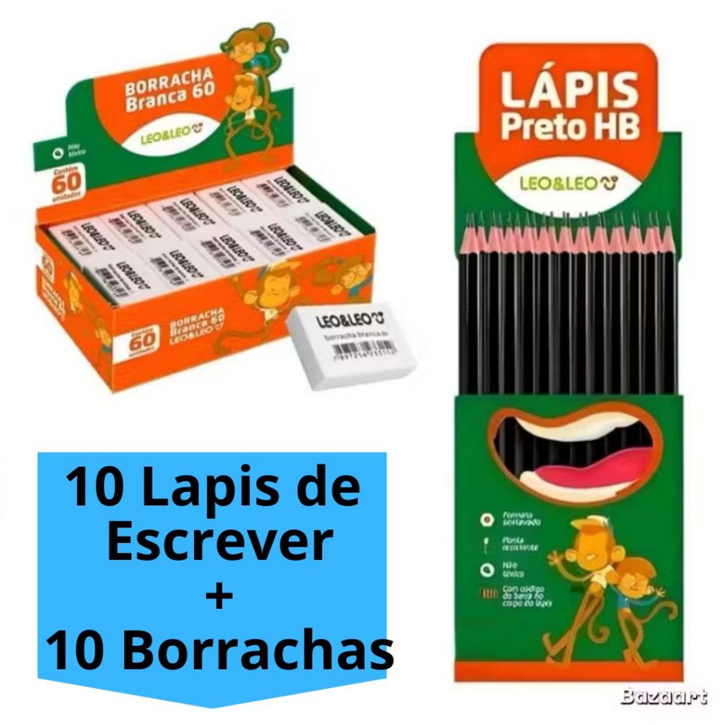 Kit 10 Lápis de Escrever Preto + 10 Borracha Branca N60 Escolar Escritorio LeoELeo
