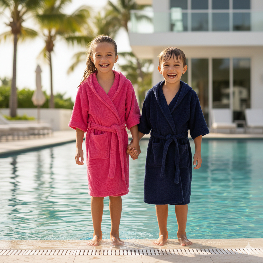ROUPÃO ATOALHADO COM CAPUZ, MANGA CURTA. ROUPÃO INFANTIL/JUVENIL. ROUPÃO DE BANHO. ROUPÃO DE PISCINA