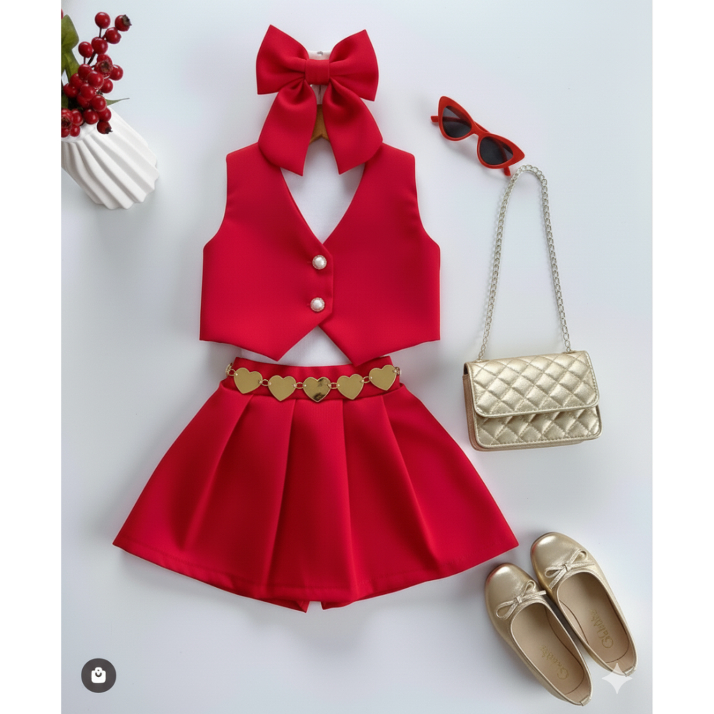 Conjunto Colete e Saia Plissada Infantil – Edição Premium Kids Festa Natal e Ano Novo