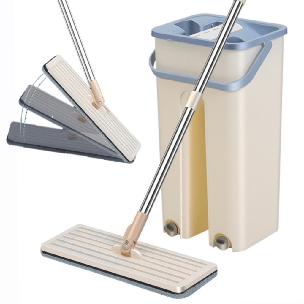 Esfregão Flat Mop com Balde,com Cabo Extensivel Inox,2 Refils giratório de limpeza Esfregão.
