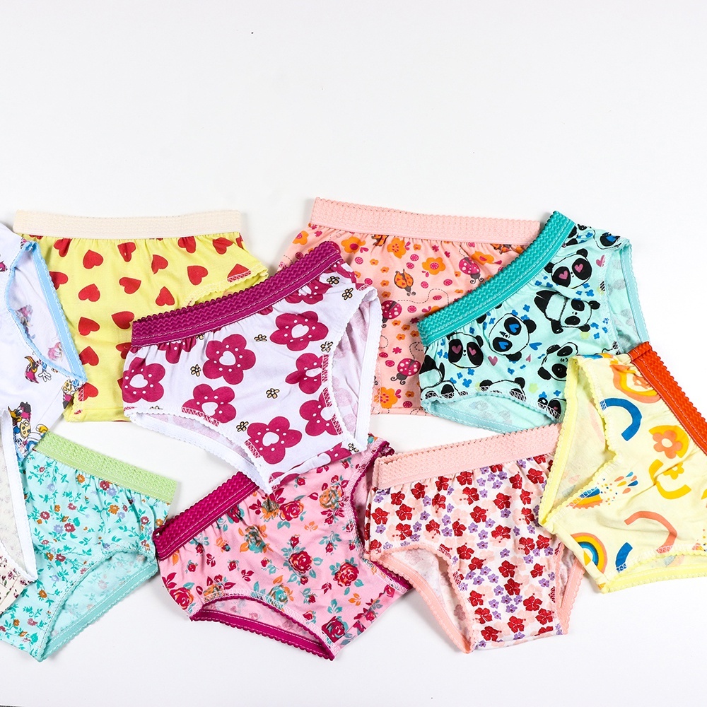 Kit 5 calcinhas infantil meninas algodão modelagem tradicional estampas variadas elástico trabalhado