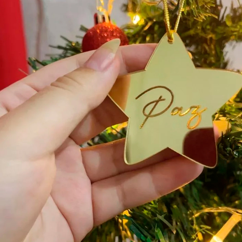 Kit Enfeites de 8 uni Árvore Natal Acrílico Estrelas com cordão Palavras Gravadas Decoração Natalina