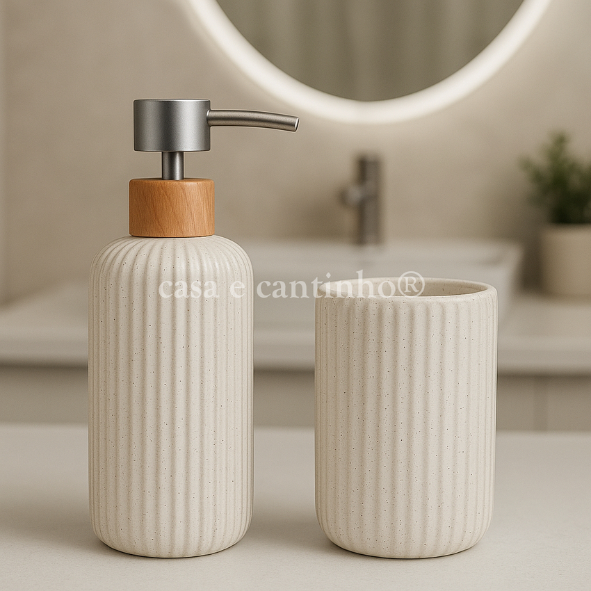 Kit Banheiro 2 Peças Lavabo Porta Dupla Sabonete Líquido Dispenser Porta Escova Decoração