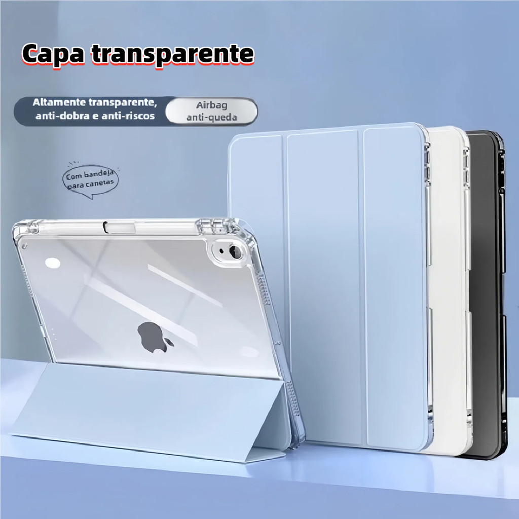 Capa Acrílica Transparente para iPad 5/6/7/8/9/10/11 Air M2/M3 com porta caneta-Proteção Rígida e Vi