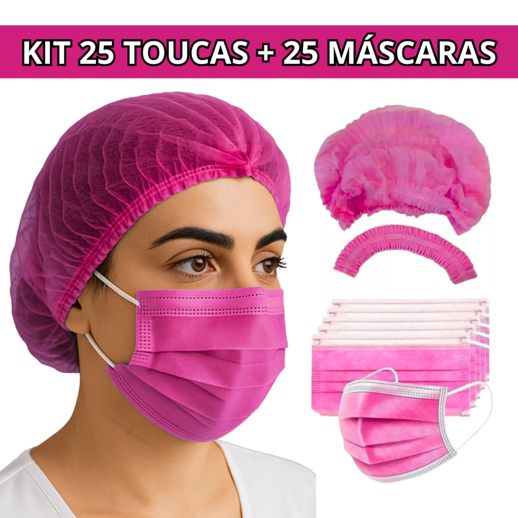 Kit Iniciante 25 Máscaras + 25 Toucas Descartáveis p/ Proteção Facial Salão Clínica E Cozinha