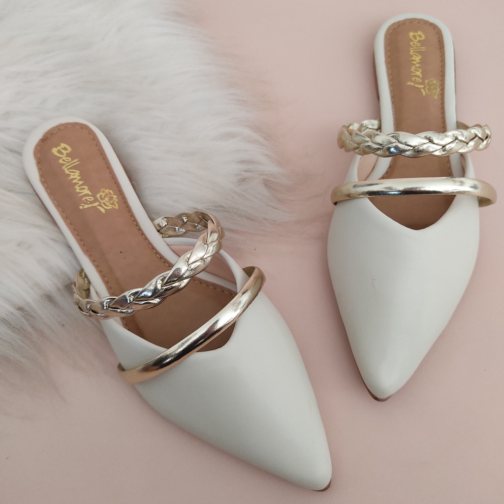 Mule Bico Feminino Rasteira Com Detalhe Tira Trançada Confortavel Cores Preto,OffWhite,Nude