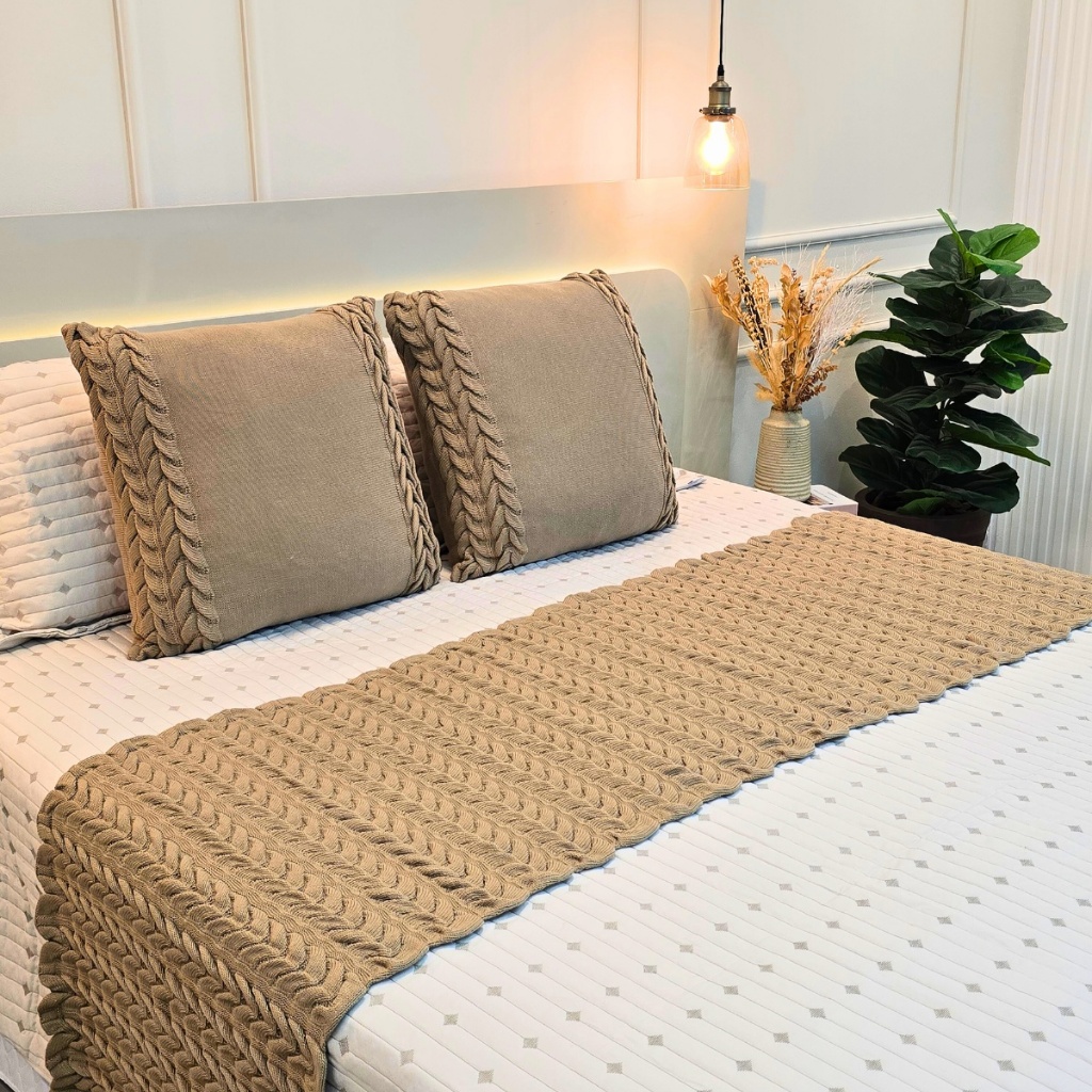 Kit Peseira Manta Tricot Sofá Cama Casal Queen King Aconchego Home Decor + 2 Capas Almofadas