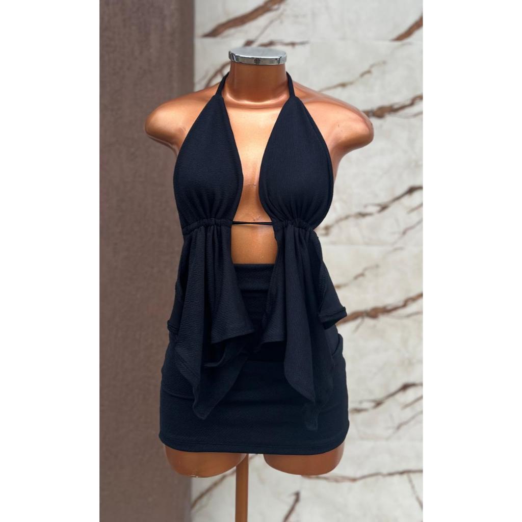 Conjunto Feminino Cropped Frente Única e Saia Curta Malha Crepe Tendência Moda Gringa Paty Blogueira