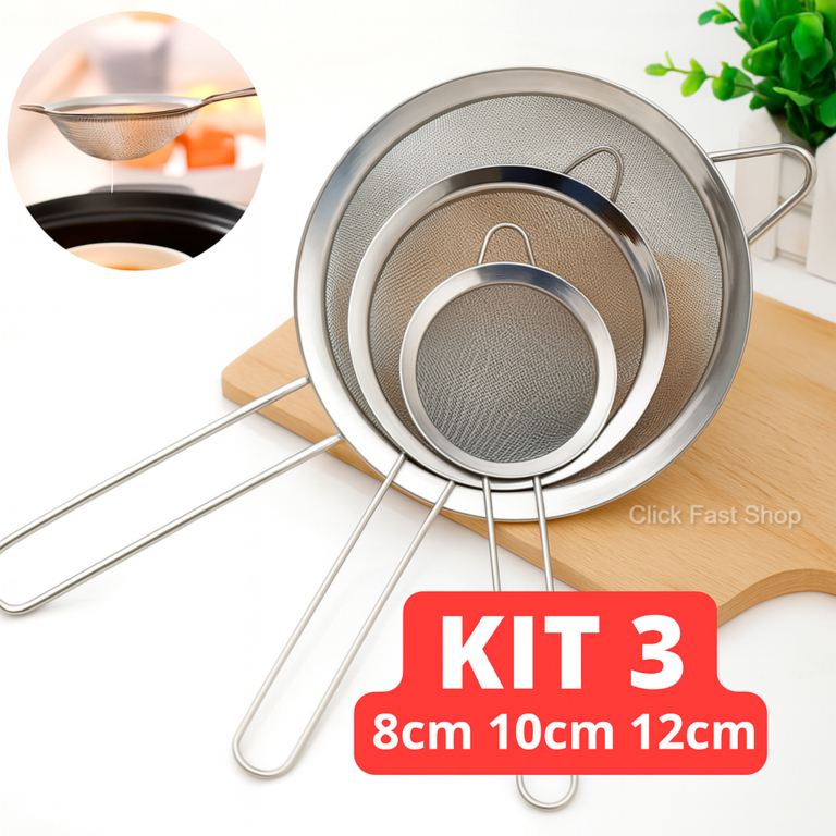 Kit 3 Peneiras Coador Manual Aço Inox Profissiona