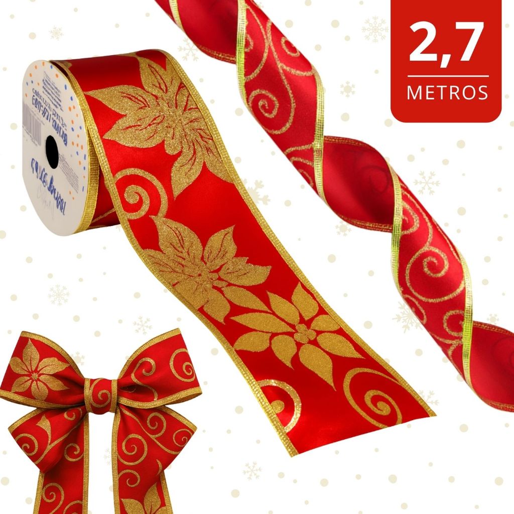 Fita Natalina Decorativa Aramada Vermelha Dourado 2,4m Laços P/ Enfeitar Árvores Guirlanda Presente