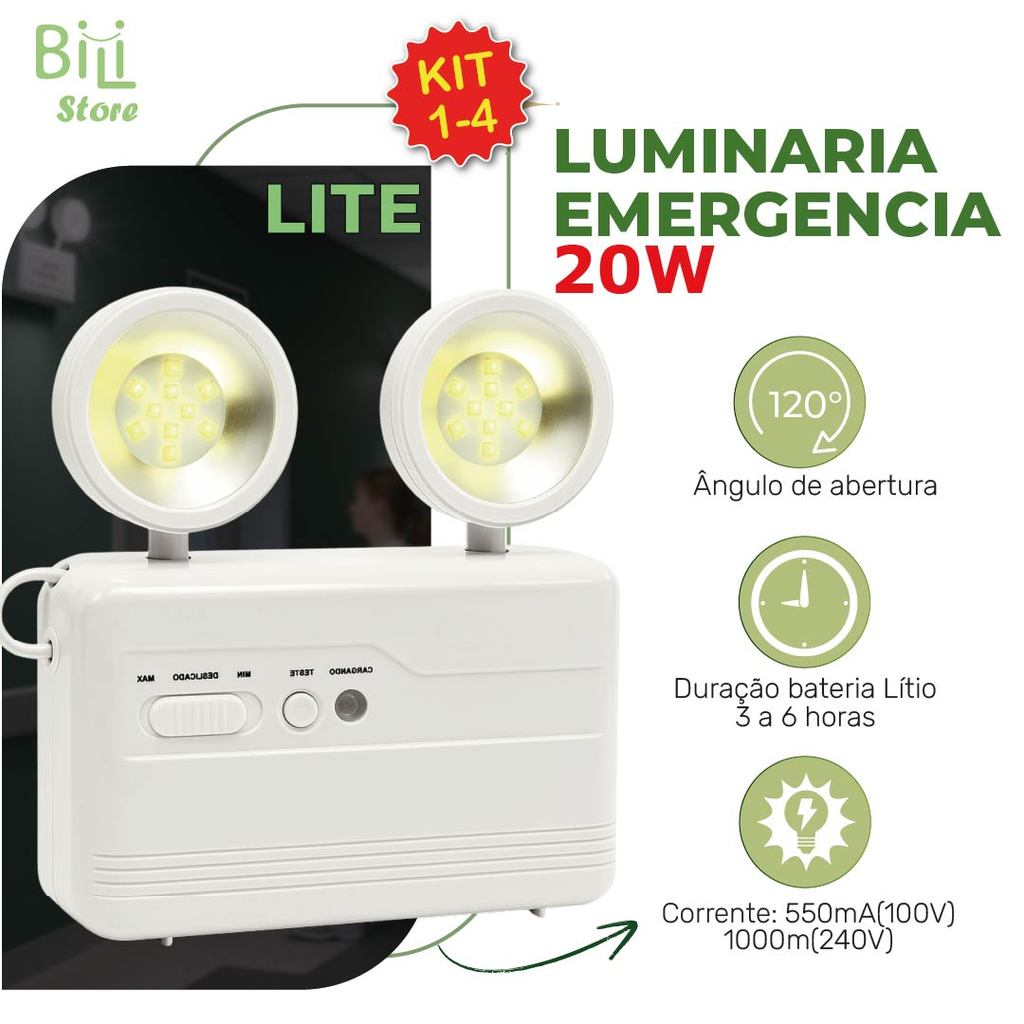 Luminária de Emergência LED PRO 20W com 2 Farol 40 LEDS Luz Branco Frio