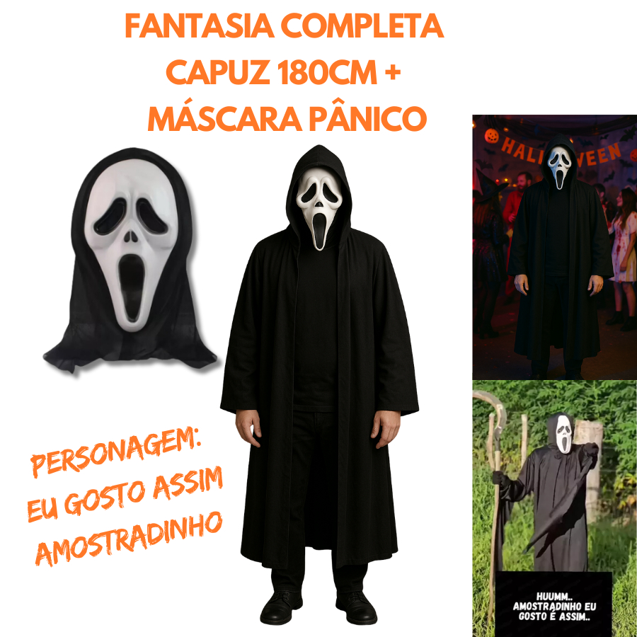 Fantasia Panico  Máscara Pânico Fantasia Halloween EU GOSTO ASSIM AMOSTRADINHO CAPUZ PRETO FANTASIA