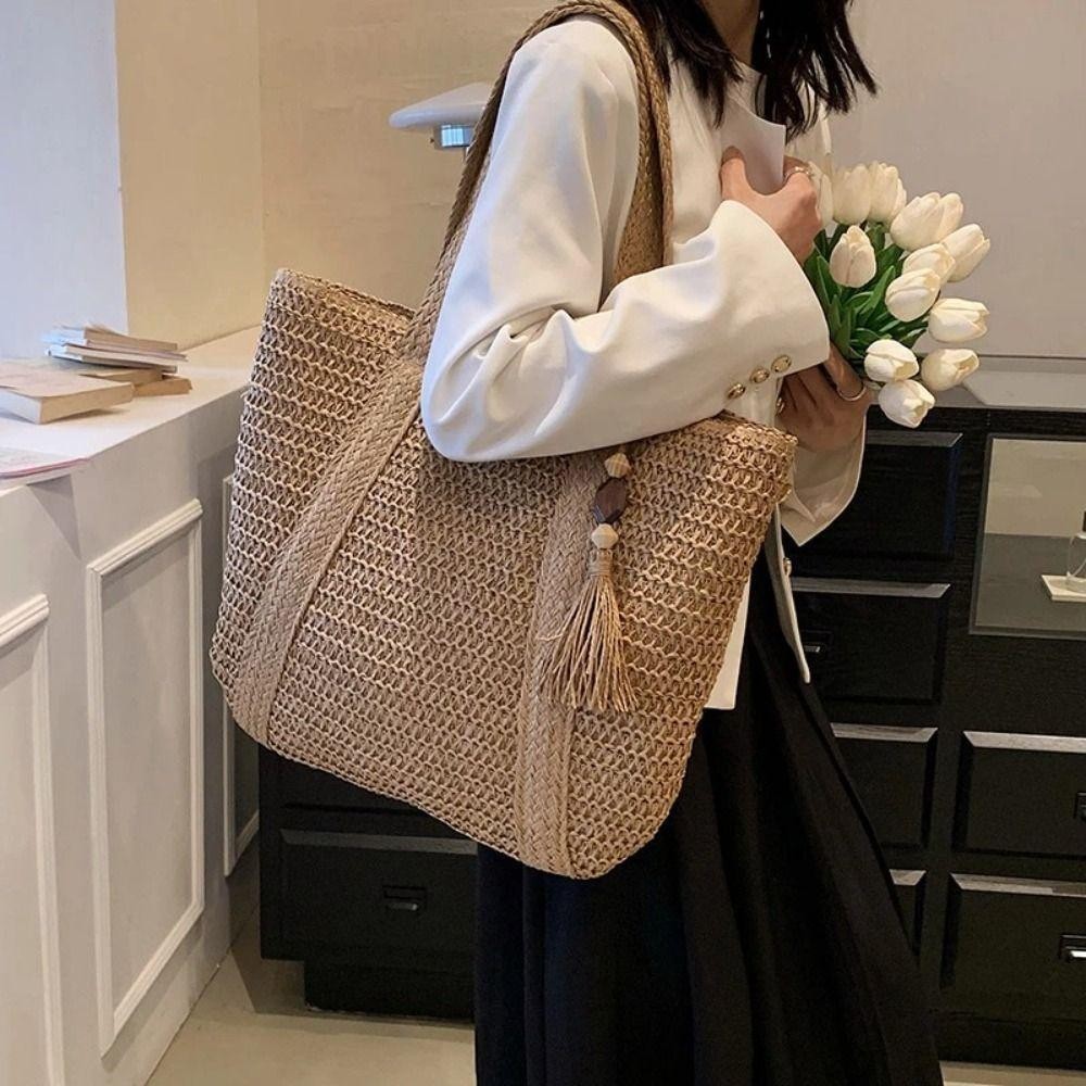 Bolsa de Ombro Feminina Tote Tecida Grande | Casual Praia Verão com Tassel Estilo Casual Fashion Ver