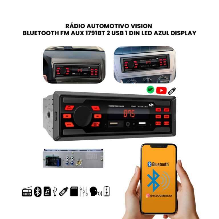 Rádio Som Automotivo MP3 C/ Bluetooth 2 USBs Entr
