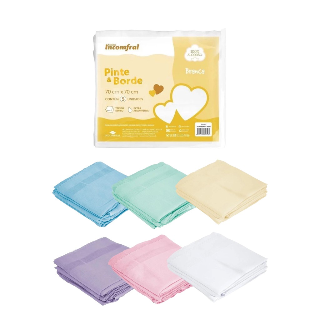 Kit 5 Fraldas Pinte E Borde Bebê Luxo Incomfral 70x70cm Promoção