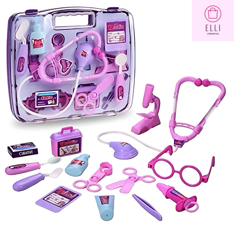 Kit Médica Maleta, Infantil, Educativo, Divertido, Brinquedo Menina, Mini Doutora, Rosa 14 Peças