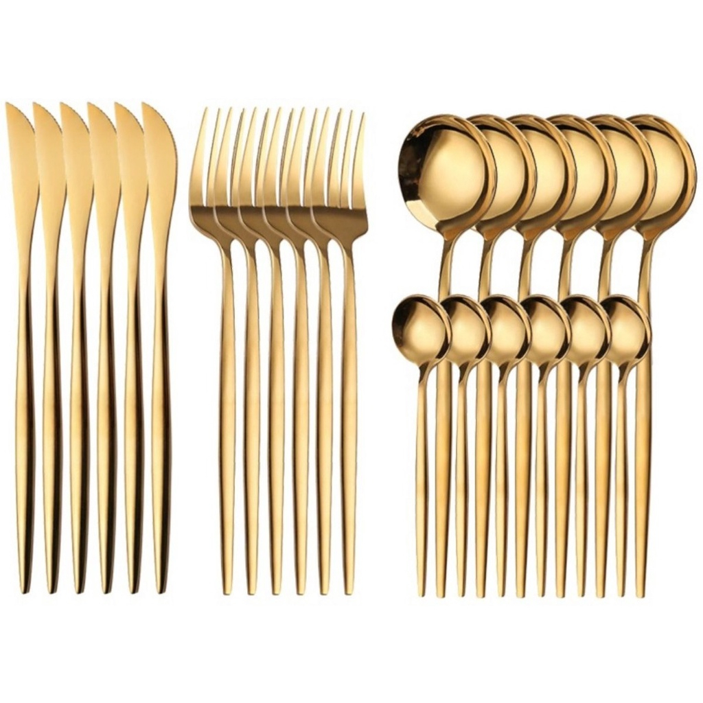 24 Peças Talheres Dourado de Aço Inox Garfo Colher Faca Colher De Mesa