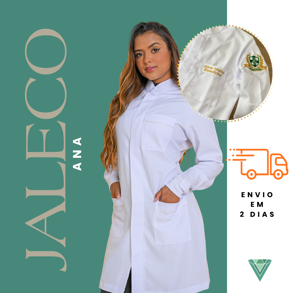 Jaleco Feminino  Personalizado Bordado  Acinturado Gabardine Branco Gola Padre Botão hospitalar