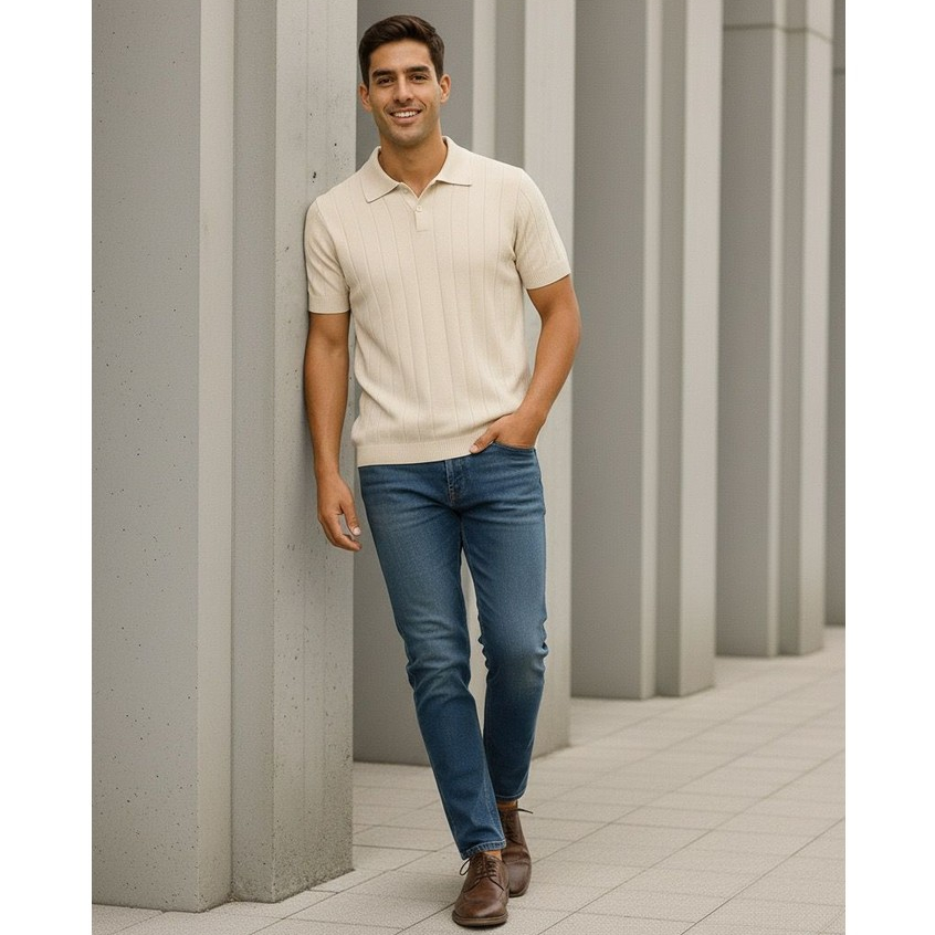 Camisa Polo Canelado Basica Com Botões Tricot Elegante