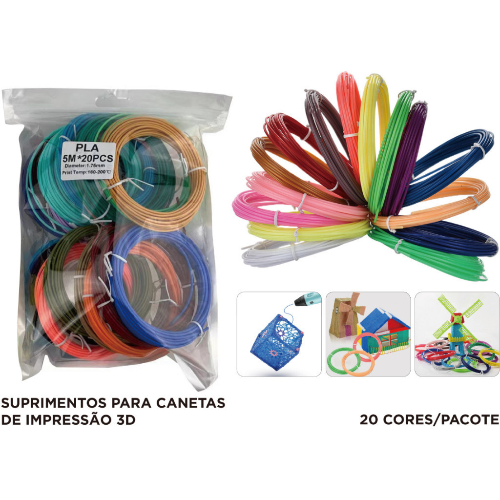 Refil Filamento PLA Kit 20/10 Rolos 100/50 M PRA Caneta 3D