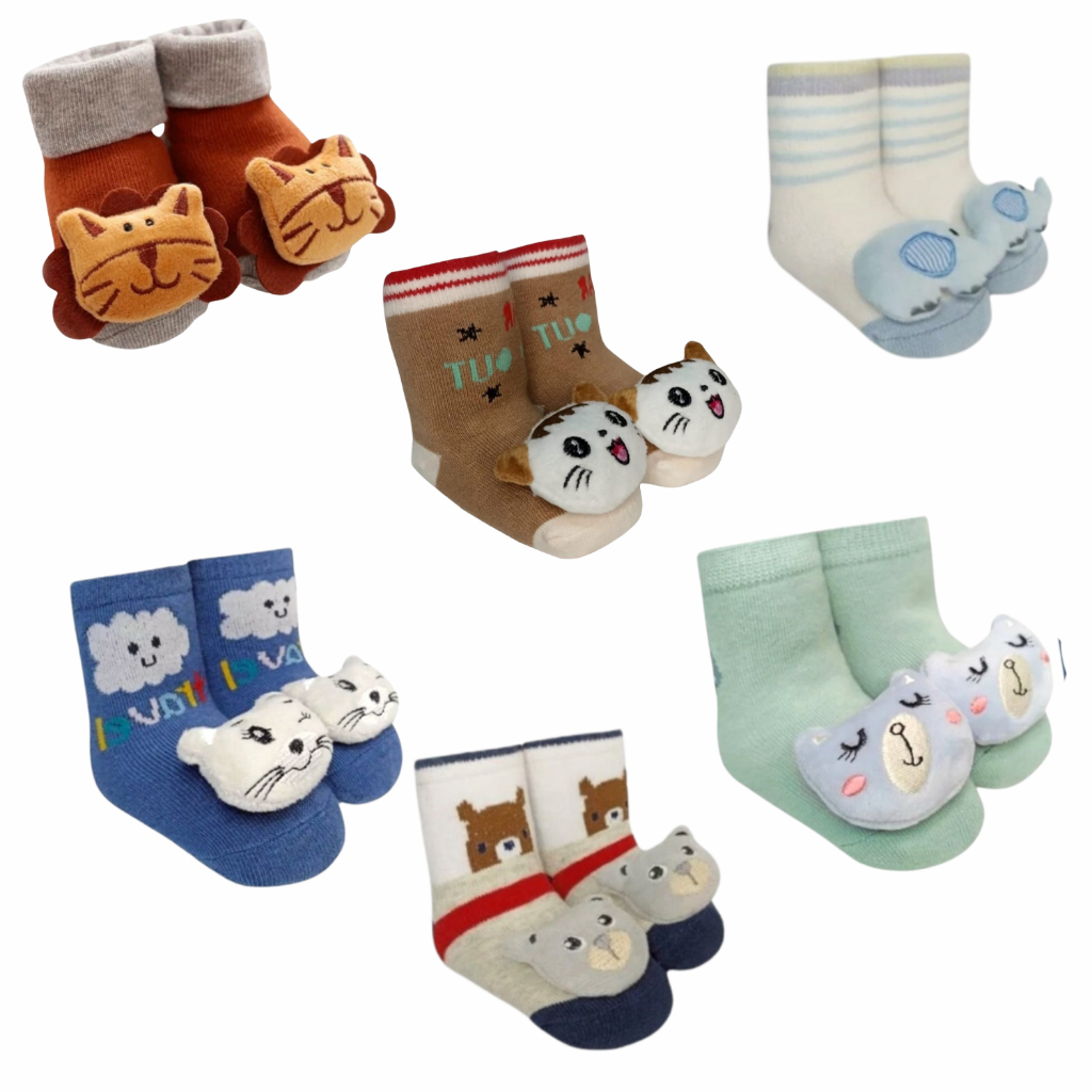 Kit Pares Meia Infantil 3D com Chocalho de Bichinho Fofinha Bebê 0 a 24 meses – Menino e Menina