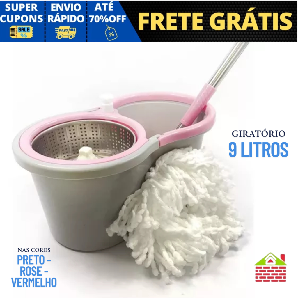 Mop Esfregao Giratorio Centrifuga Cesto 8L Lava e Seca Cabo Extensivel Cores Sortidas