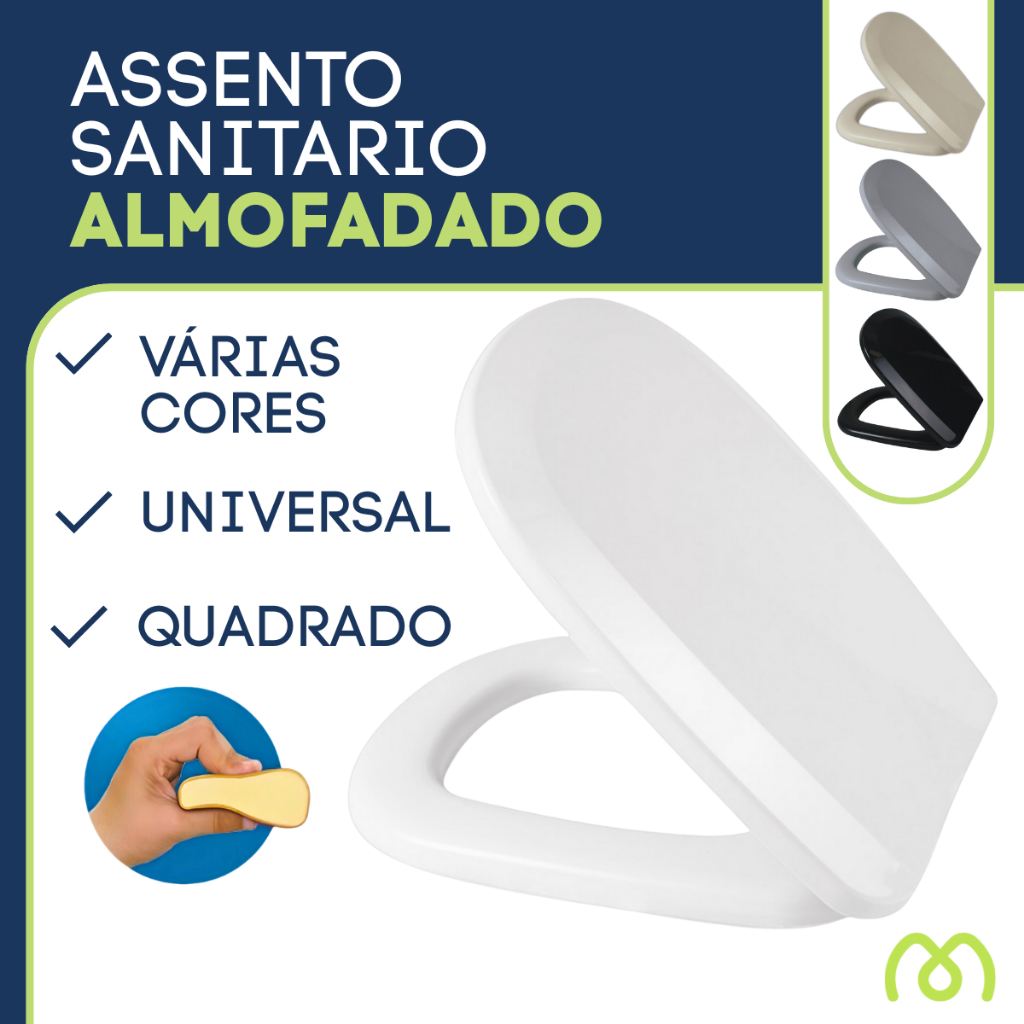 Assento Sanitário Almofadado Quadrado Tampa de Vaso Tabua Universal Preto Bege Branco Cinza Preto