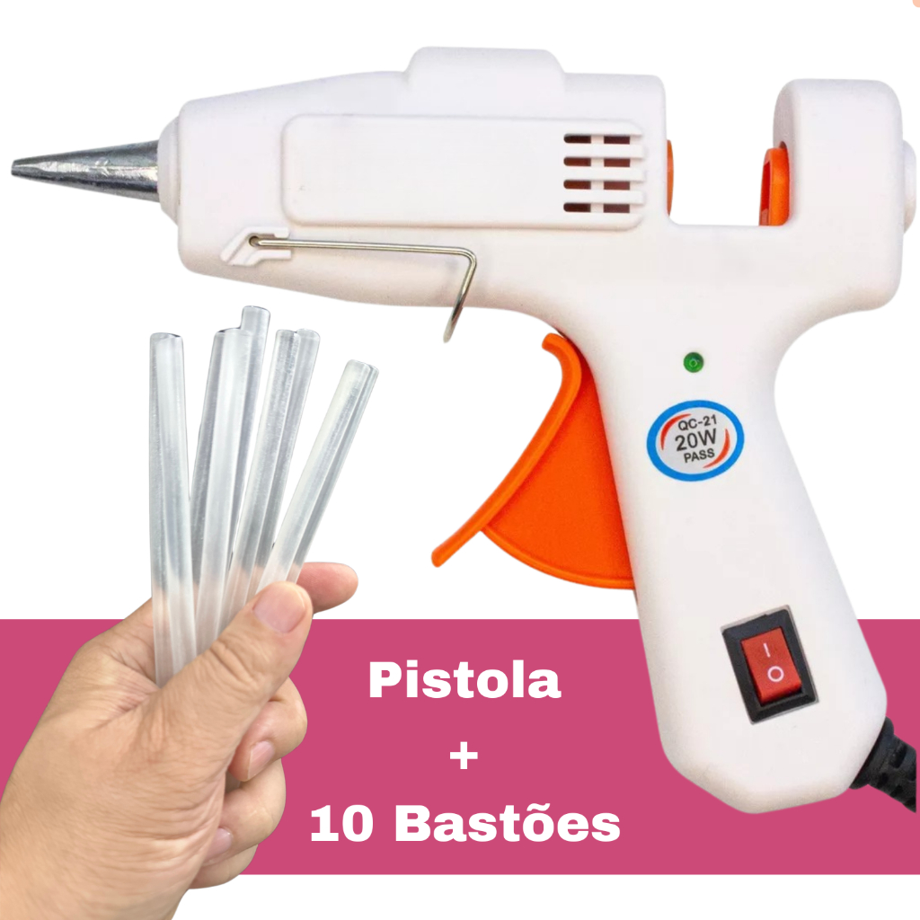 Pistola De Cola Quente Bivolt 110 / 220v com botão liga e desliga Artesanato Profissional 20W para C