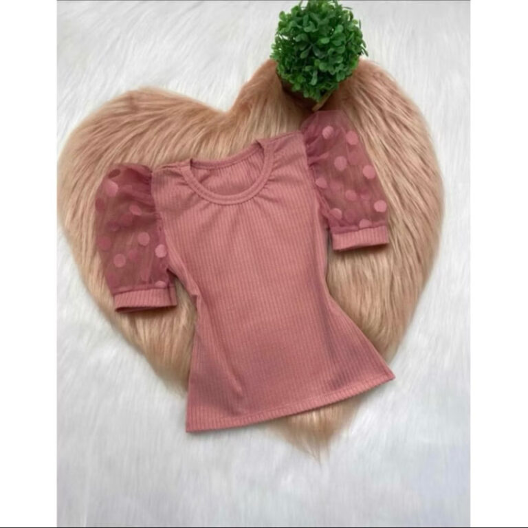Blusa Canelada Meia Manga Tule Princesa  Infantil 