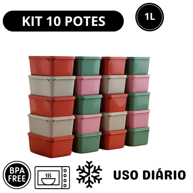 Kit 10 Potes Retangular 1L Armazenamento Alimentos
