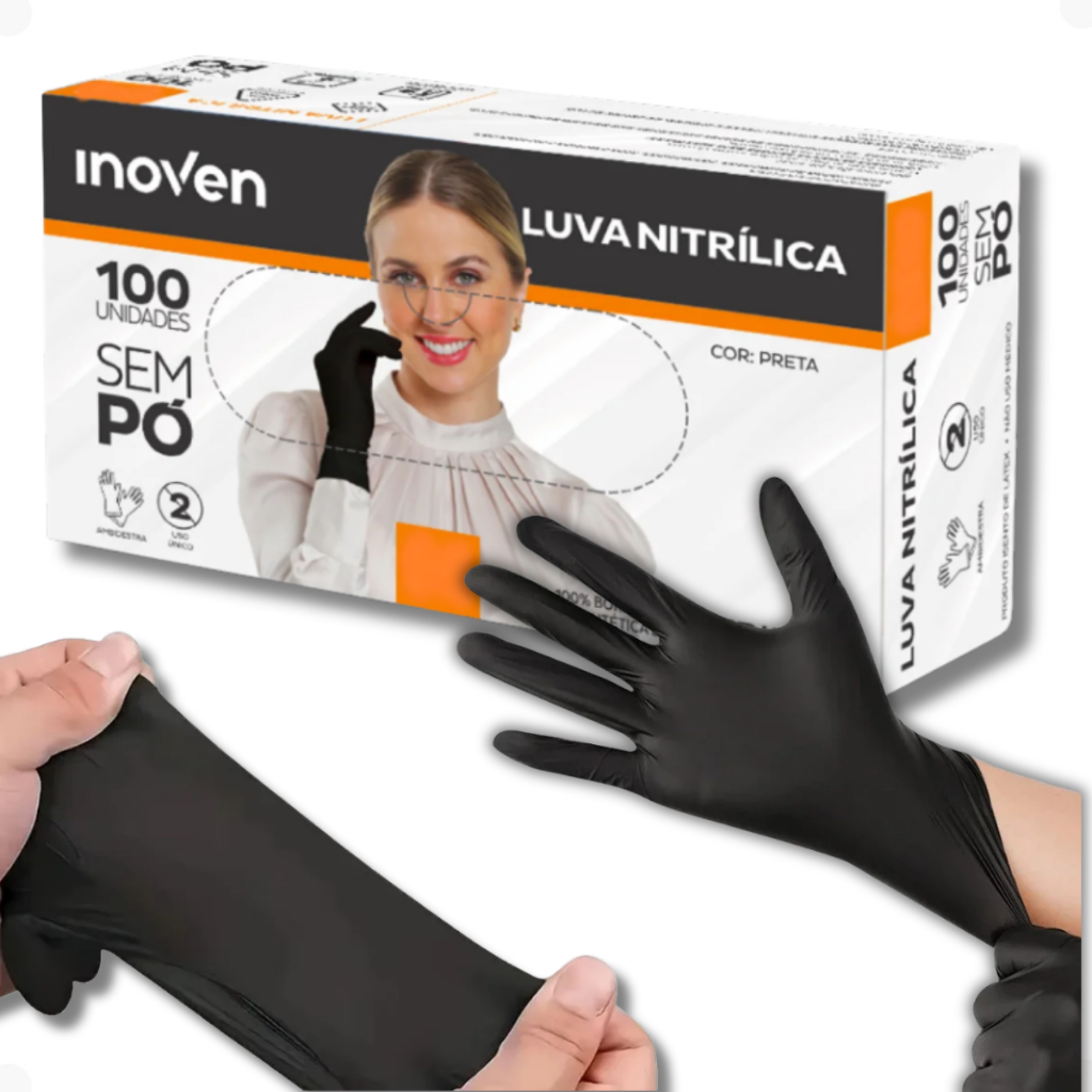 Luva Nitrílica Preta Sem Pó Inoven – 100 x TAM M