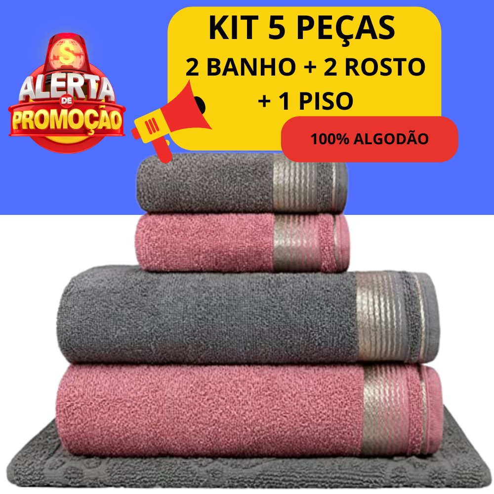 Kit 5 Toalhas 100% Algodão Banhão 2 Banho 2 Rosto 1 Piso Jogo Completo