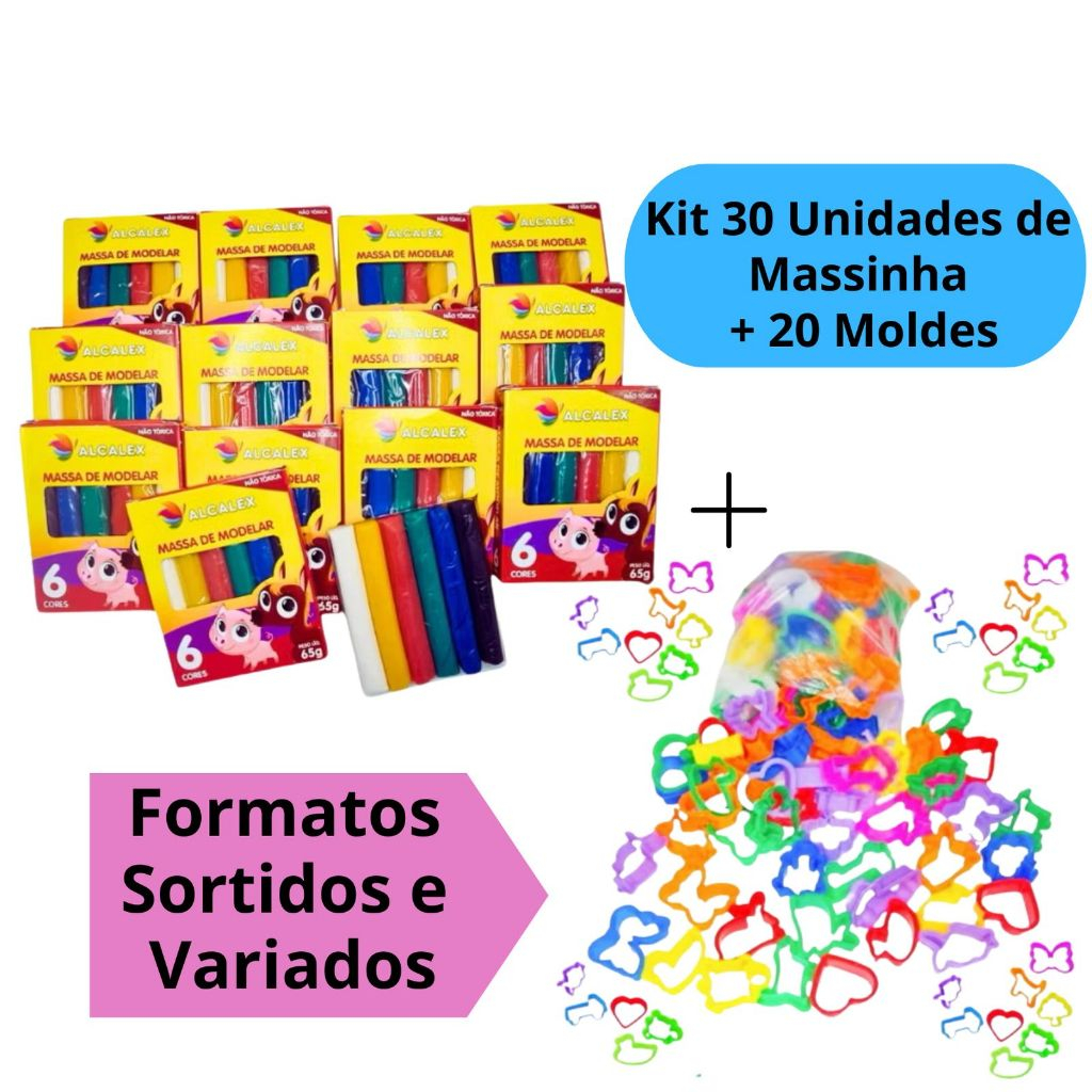 Kit 30 Unidades de Massinha de Modelar + 20 Cortador Forminha Molde Festa Lembrancinha Criança Anive