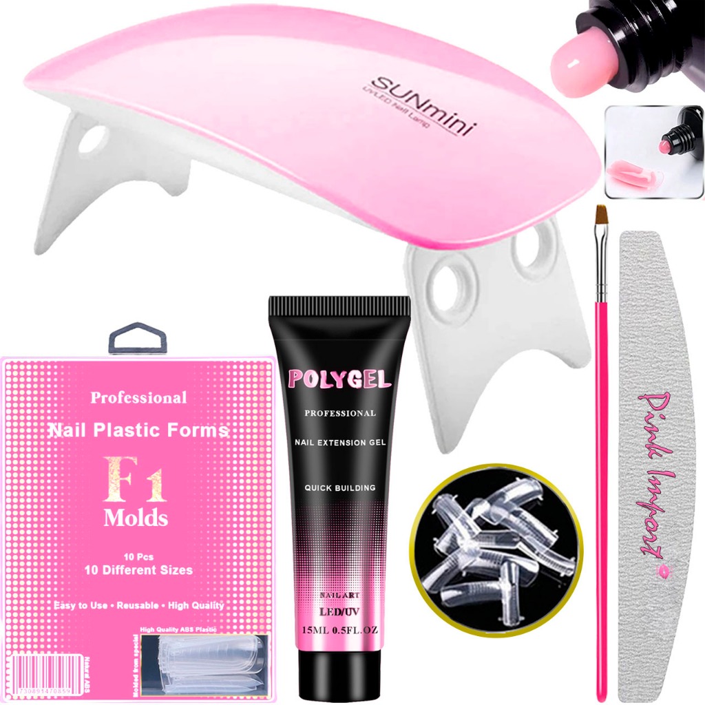 Kit Unha Pollygel Cabine SunMini Portatil Molde F1 Lixa de tips Unhas Postiça