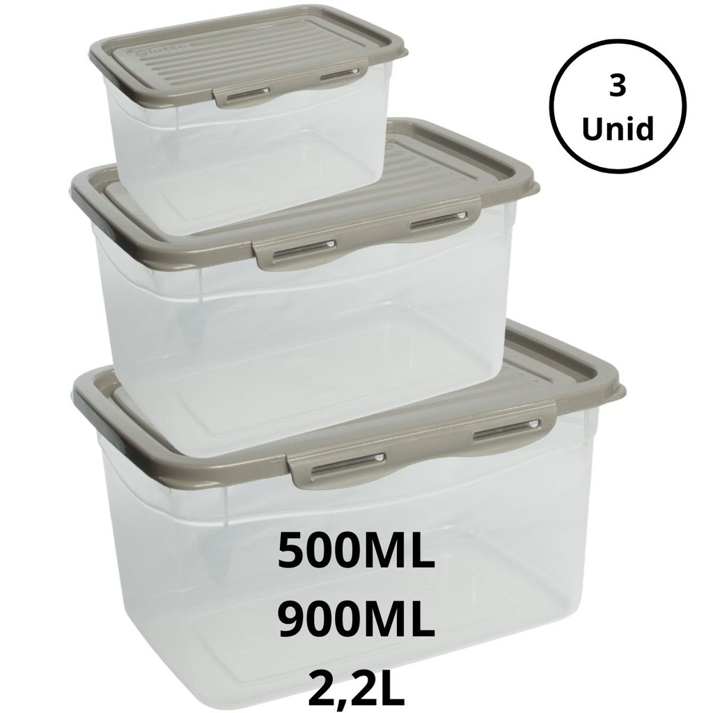Kit 3 Potes Com Tampa e Trava Altos 500ML 900Ml e 2,2L Camurça Freezer e micro-ondas fitness Giotto