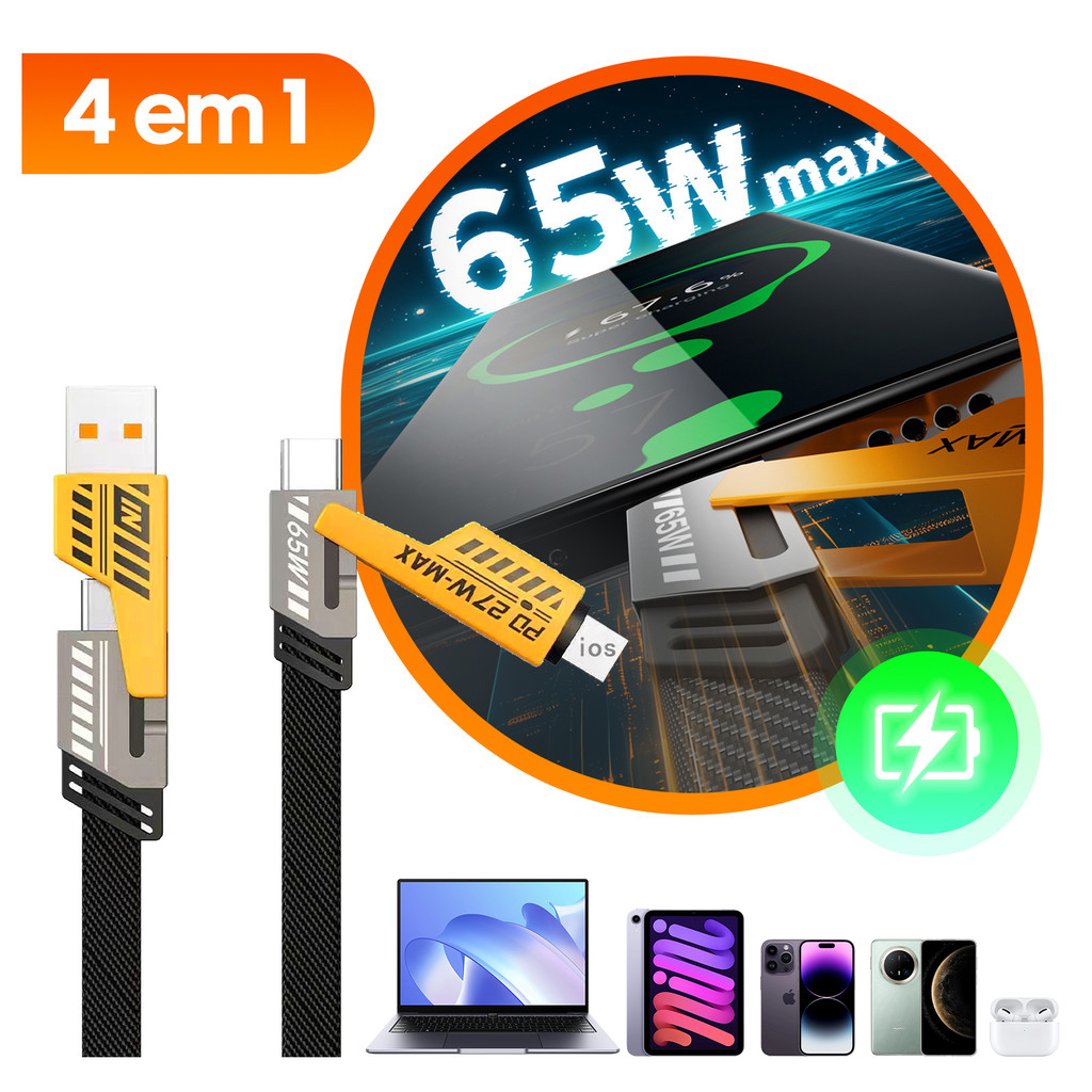 Cabo de Carregamento Rápido 4 em 1 Turbo 1,5 Metro 65W/PD 27W USB Tipo C Lightning Cabeça de Metal