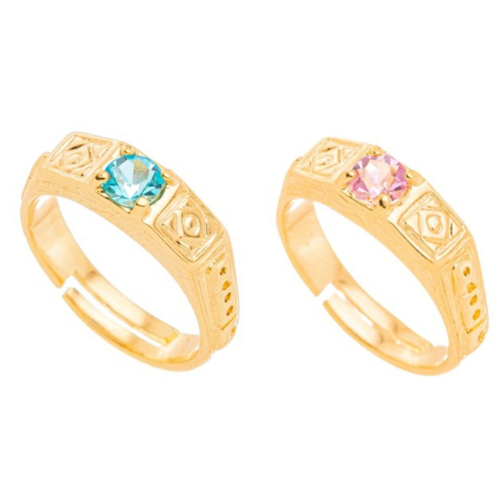 Anel Formatura Infantil ABC Pedra Azul Rosa Folheado a Ouro 18k